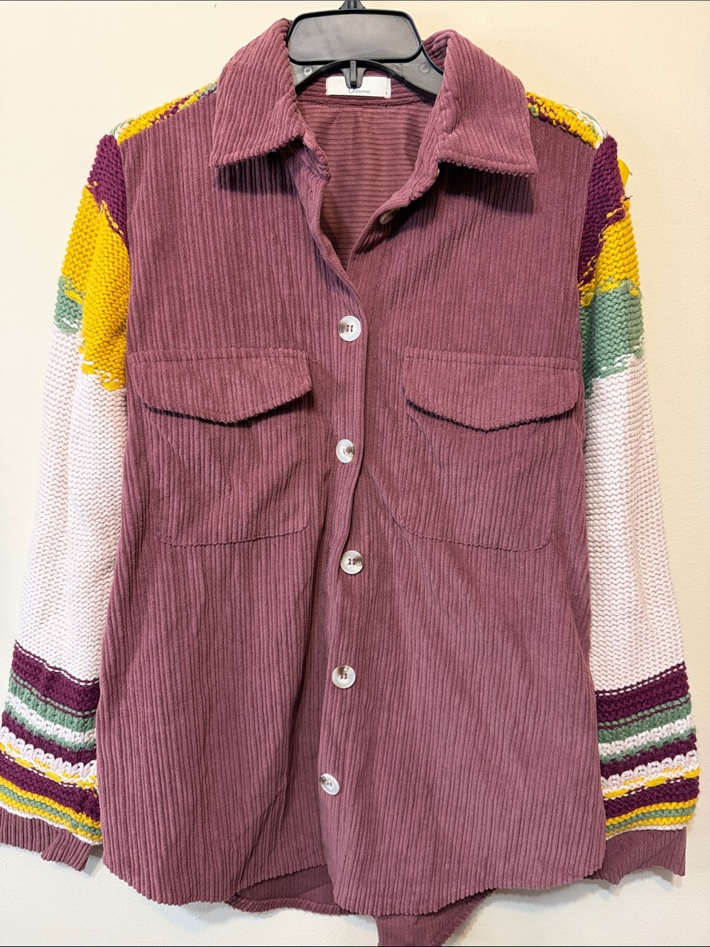 Boheme Mauve Corduroy Button-Front Jacket with Multicolor Knit Sleeves